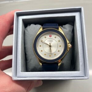 Michele gold watch with blue band, comes with box